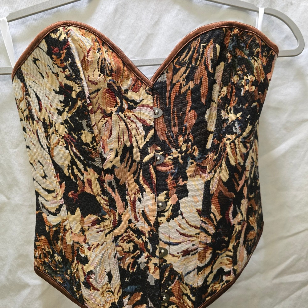 Brown Brocade Floral Tapestry Boned Corset Cincher Bustier Top Size Small